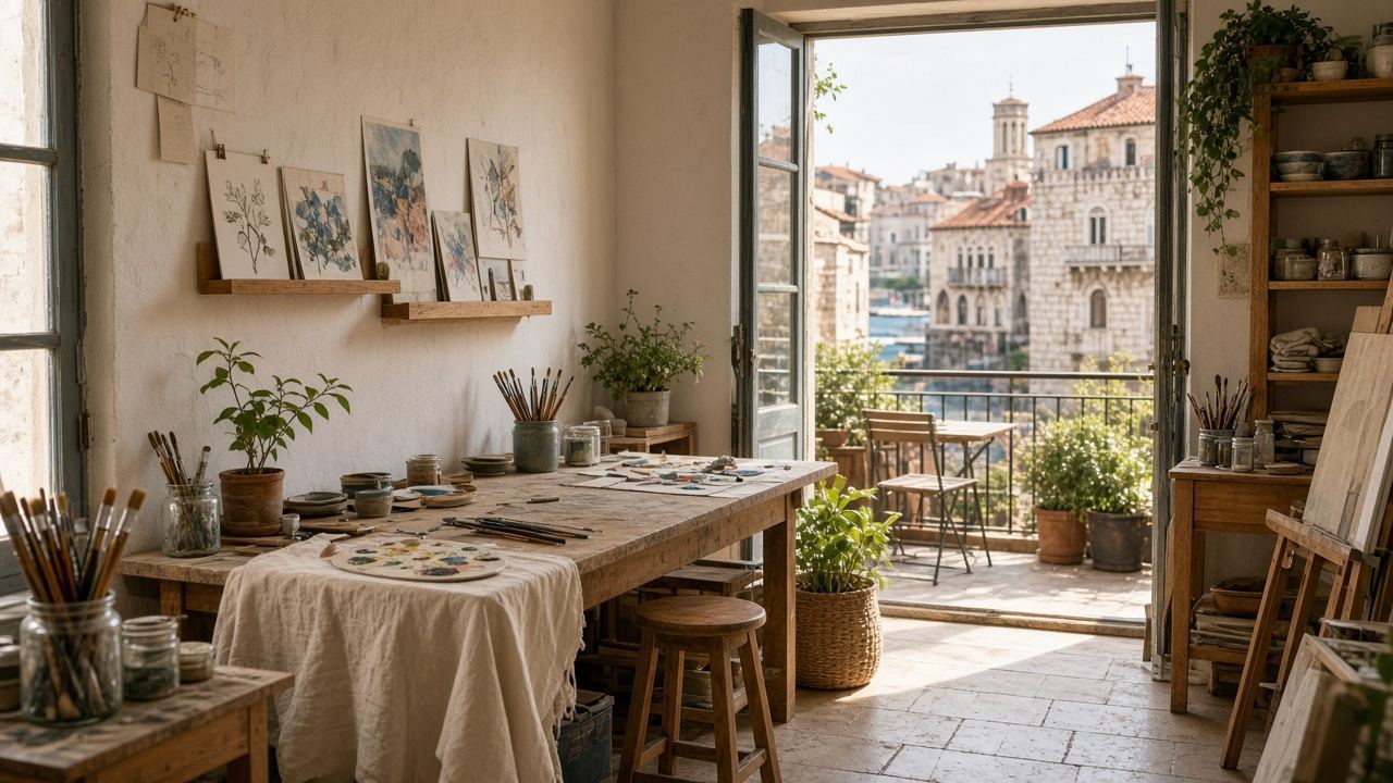 Adult art / drawing / painting studio workspace at Root Lemur House